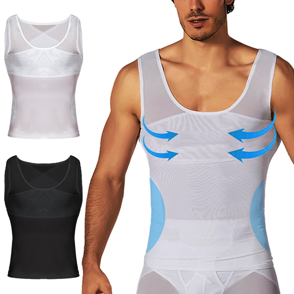 Compression Shirts for Men Slimming Undershirt Body Shaper Fitness Tank Tops Workout Sleeveless Shapewear Vest Mesh Cross Tops
