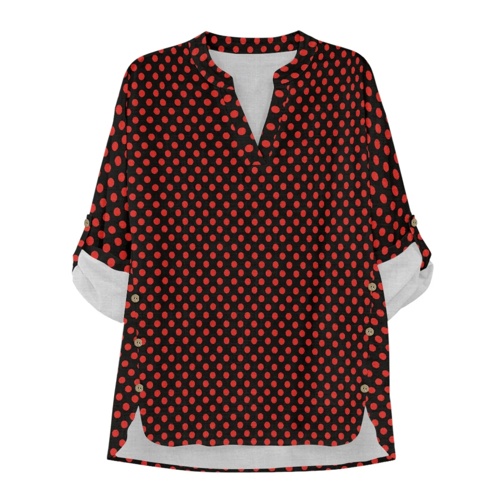 PENSTROLL Comfy Linen Like Long Sleeve Blouse Curved Hem Ladies Tops and Blouses for Vacation Red Black Polka Dot