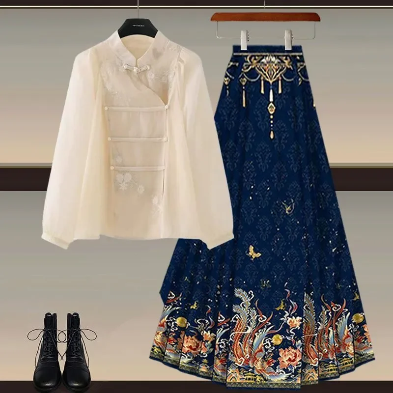 

Chic Vintage Suits 2 Piece Women Hanfu Long Sleeve Top Horse-faced Skirt Women New Chinese Clothing