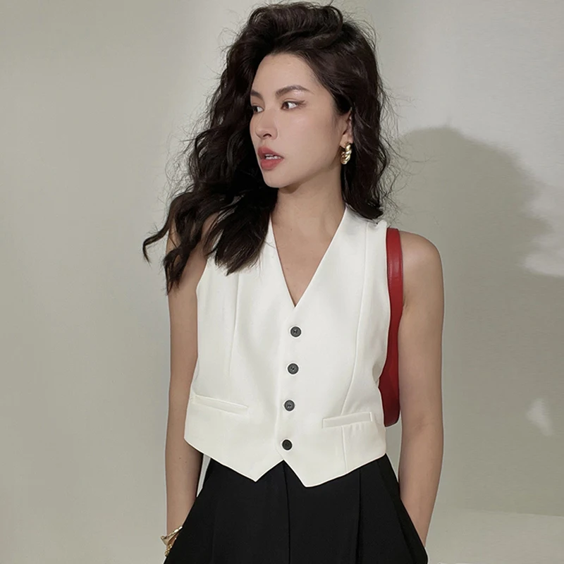 

New Summer Fashion Short Blazer Vest Sleeveless Vests for Women Chic V-Neck Single-Breasted Ladies Elegant White Waistcoat Tops