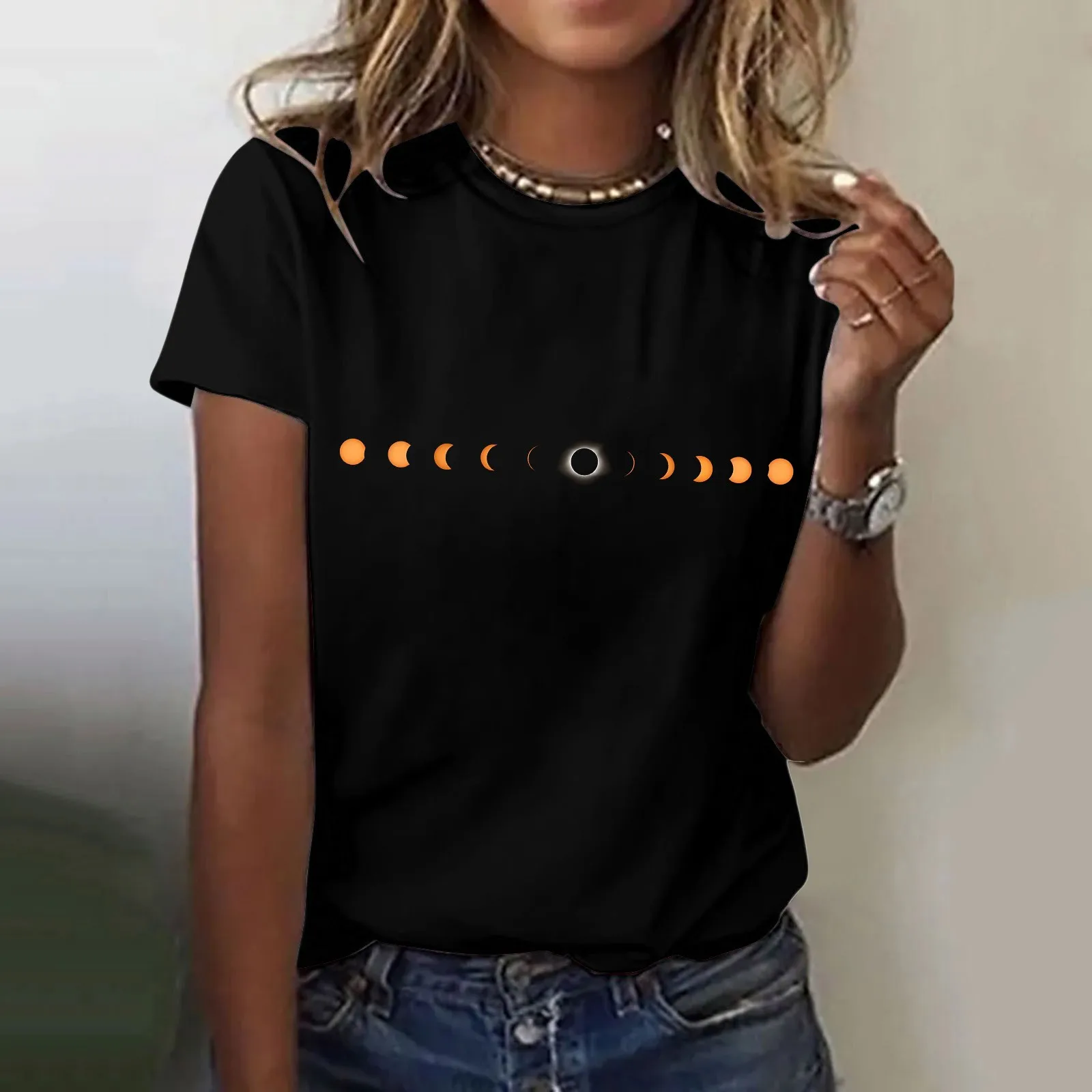 

Womens Casual Work Tops Women'S Solar Print Round Neck Short Sleeve T Shirt Total Solar Eclipse Print Top Running Tops