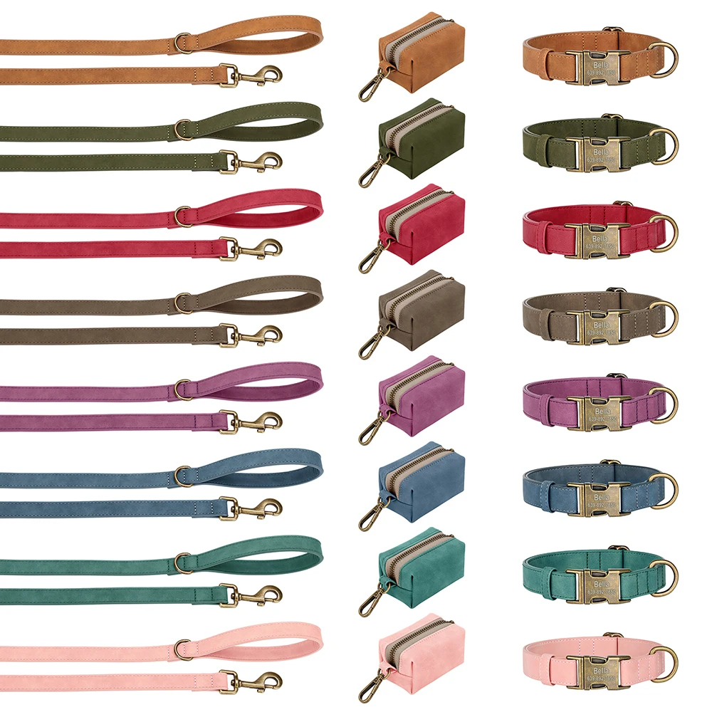 Set personalizzato di collare e guinzaglio per cani, in pelle PU, con fibbia vintage, collana e sacchetto per escrementi per cani e carlini._voghion.com