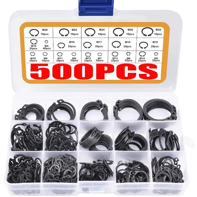 500pcs Washers Assortment Kit Set M4-M28 Black 65mn Steel Retaining Clip Snap Ring C Type External Circlip for Bearing Shaft