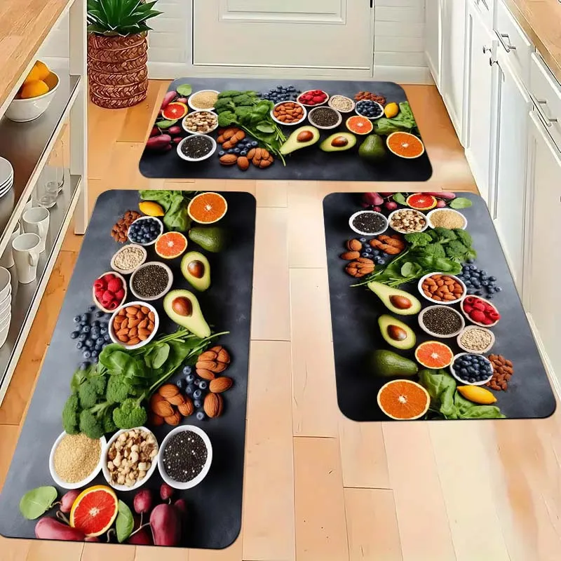 Healthy Food Kitchen Rugs Ingredient Pattern Soft Non-Slip Floor Mats Avocado Blueberry Design Fresh Organic Dining Room Carpet