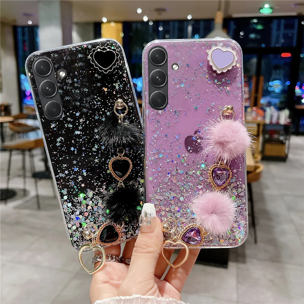 Luxury Glitter Love Heart Plush Bracelet Case For Samsung A05 A05S A15 A14 A24 A34 A54 A13 A23 A33 A53 A32 A52S A51 A71 Cover