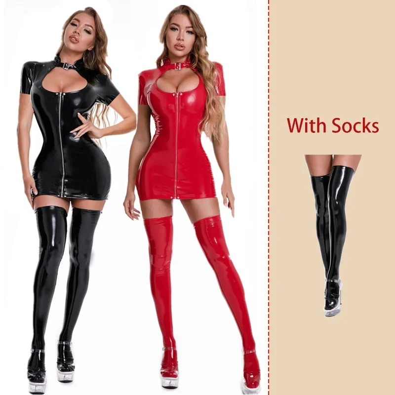 Women PVC Leather Bodycon Front Zipper Crotch Dress Wet Look Latex Catsuit Sexy Erotic Clubwear Short Sleeve Pole Dance Costumes