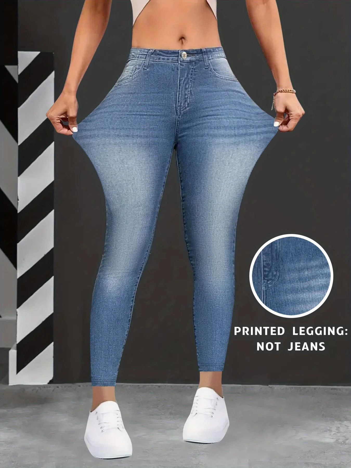 Fashion Printed Faux Denim Skinny Pants, High Waist Elastic Hip Lifting Tummy Control Outerwear Long Leggings