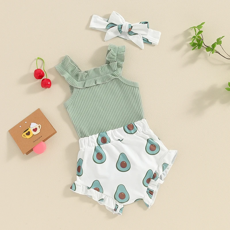 Adorable Baby Girls 3-Piece Summer Set with Sleeveless Romper Taco Avocado Print Shorts and Matching Headband - Newborn