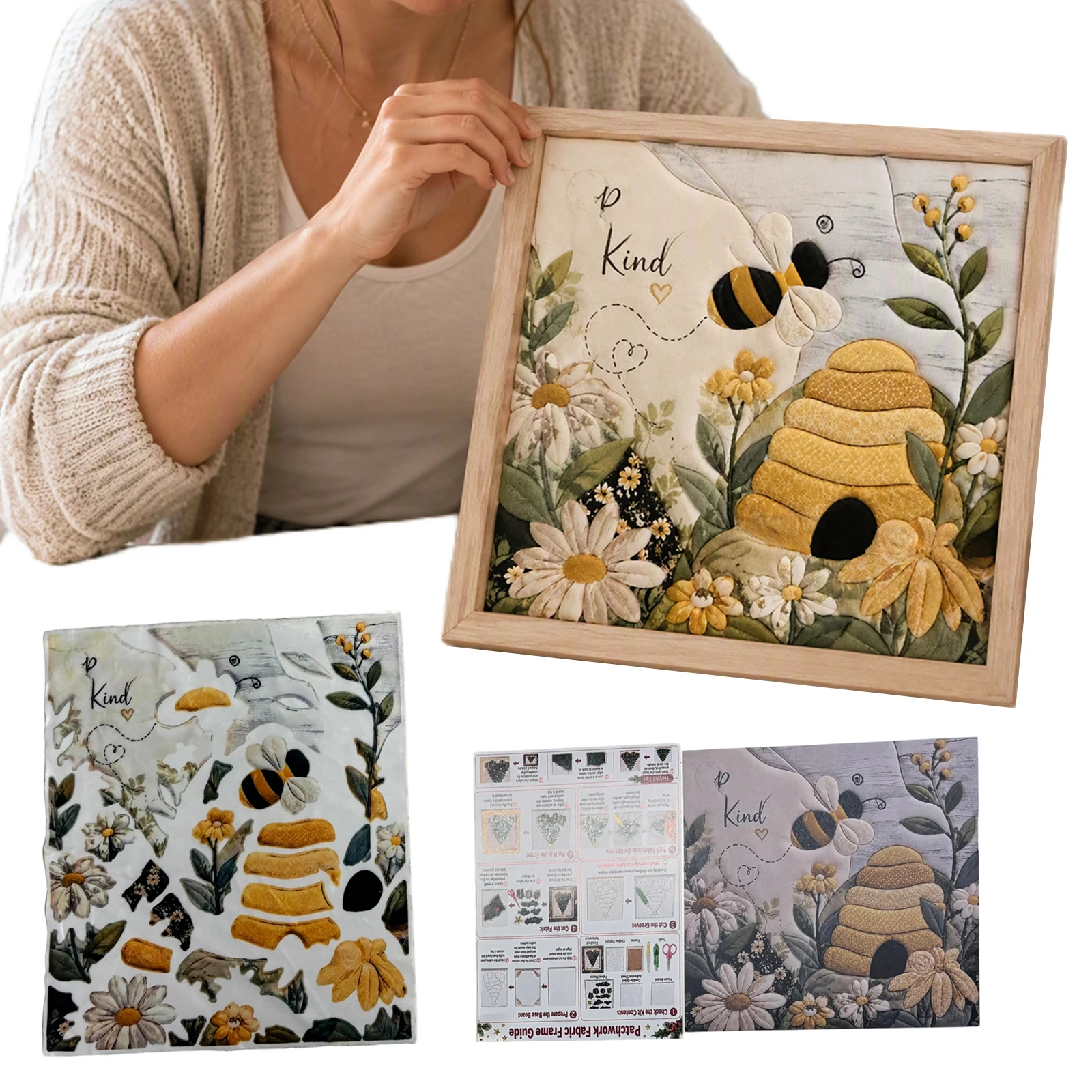 Bee Themed DIY Fabric Art Kit with Frame & Tools Fabric Mosaic Wall Art Craft Set Handmade No-Sew Fabric Poke Art Kit Home Decor - view 5
