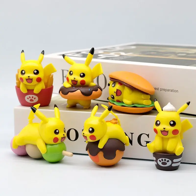 6Pcs Anime Pokemon Figure Food Theme Series Burger Fries Donuts Pikachu Model Toys Doll Gifts Aciton Figure PVC