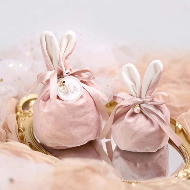 for Creative Easter Rabbit Bunny Ears Candy Bag Ribbon Bowknot Jewelry Pouches Egg Basket Storage Tote Cookie Container