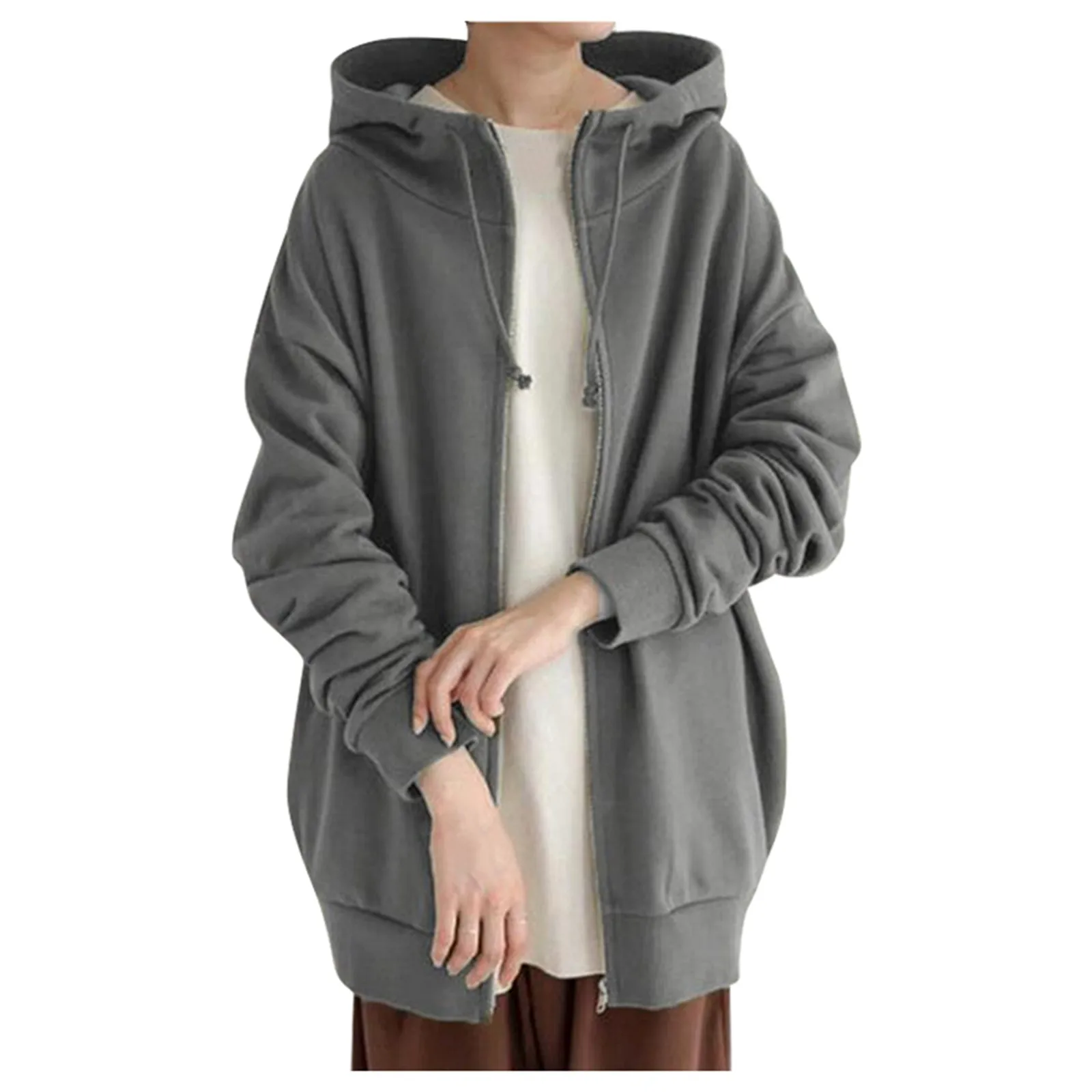 Women Long Hoodie Jacket Coat Solid Color Zippered Hooded Sweatshirts Plus Fleece Streetwear Pullover Plus Size Fall Outerwear