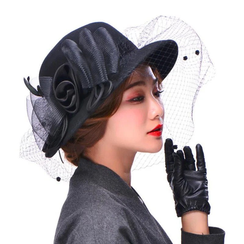 Women Fascinator Wool Felt Hat Flower Veil Wedding Hats  display picture 2