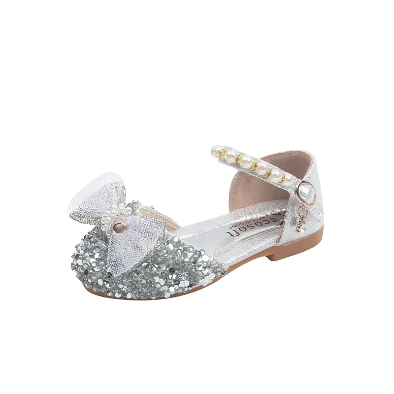 AINYFU Girls Sequin Lace Bow Sandals Children's Rhinestone Party Wedding Shoes Fashion Bling Pearl Baby Kids Soft Sole Sandals