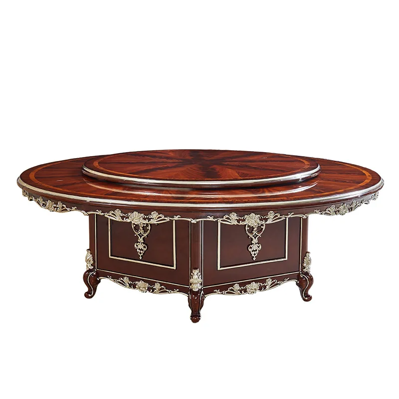 HLZ European-style Neoclassical Dining Table Full Solid Wood Carved Round Large Dining Table with Rotating Tray