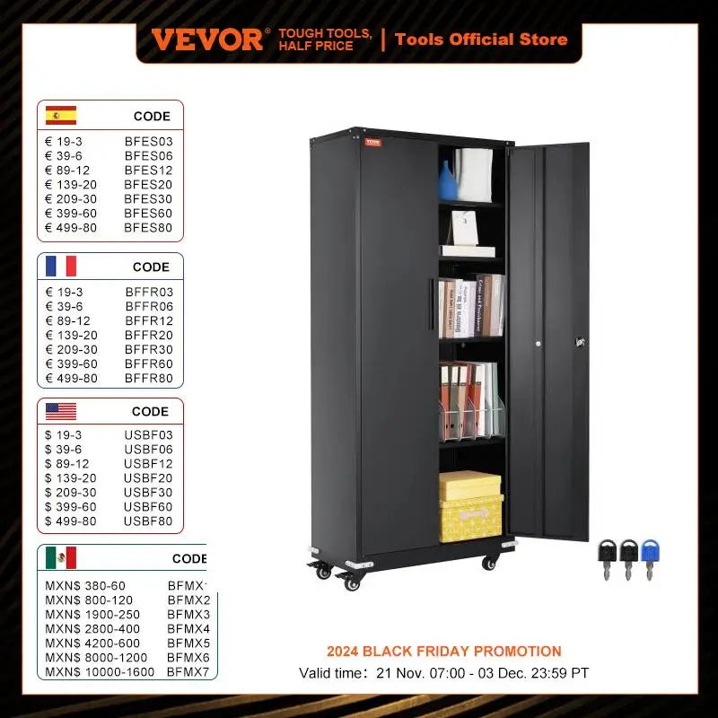 VEVOR Metal Storage Cabinet with Wheels 75'' Locking Cabinet with 2 Magnetic Doors and 4 Adjustable Shelves 200 lbs Capacity