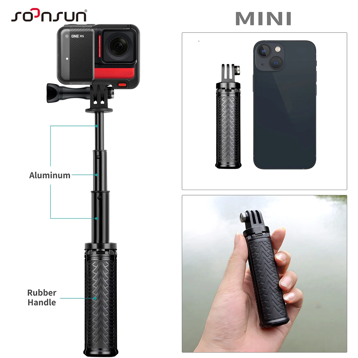 SOONSUN Mini Selfie Stick Tripod for GoPro SJCAM AKASO Insta360 DJI Action Camera Pocket Selfie Stick Shorty Tripod Handle Grip