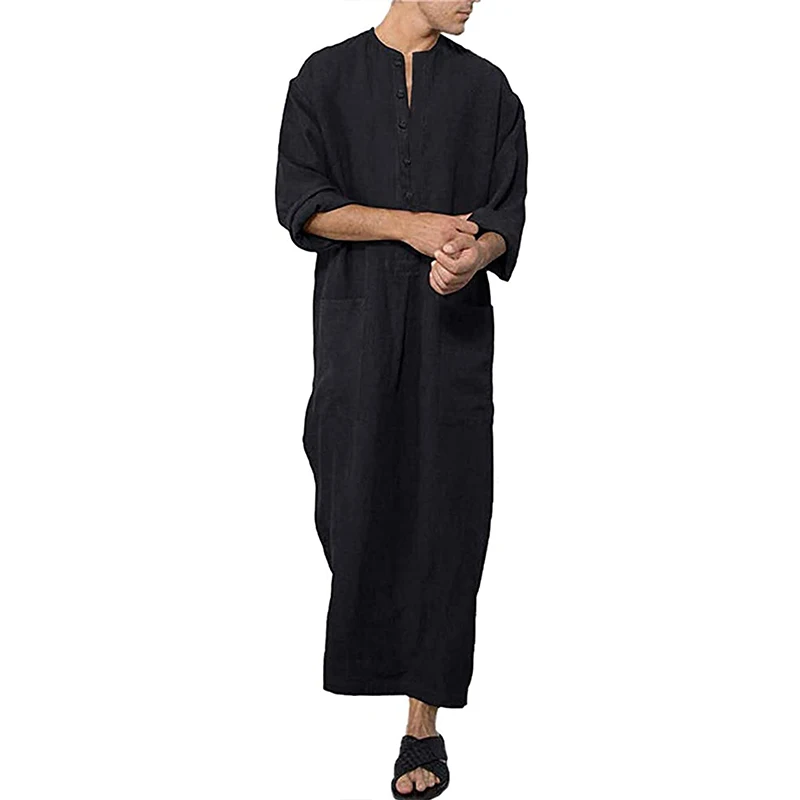 Cotton & Linen Blend Men\'s Muslim Dresses Long Sleeve Solid Henley Shirts With Pocket Kaftan Islamic Arabic Long Gown Thobe Robe