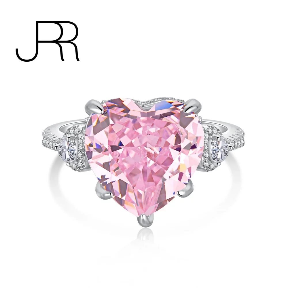 

JRR 100% 925 Sterling Silver Crushed Ice Cut Heart Lab Pink High Carbon Diamonds Gemstone Wedding Fine Jewelry Ring Wholesale