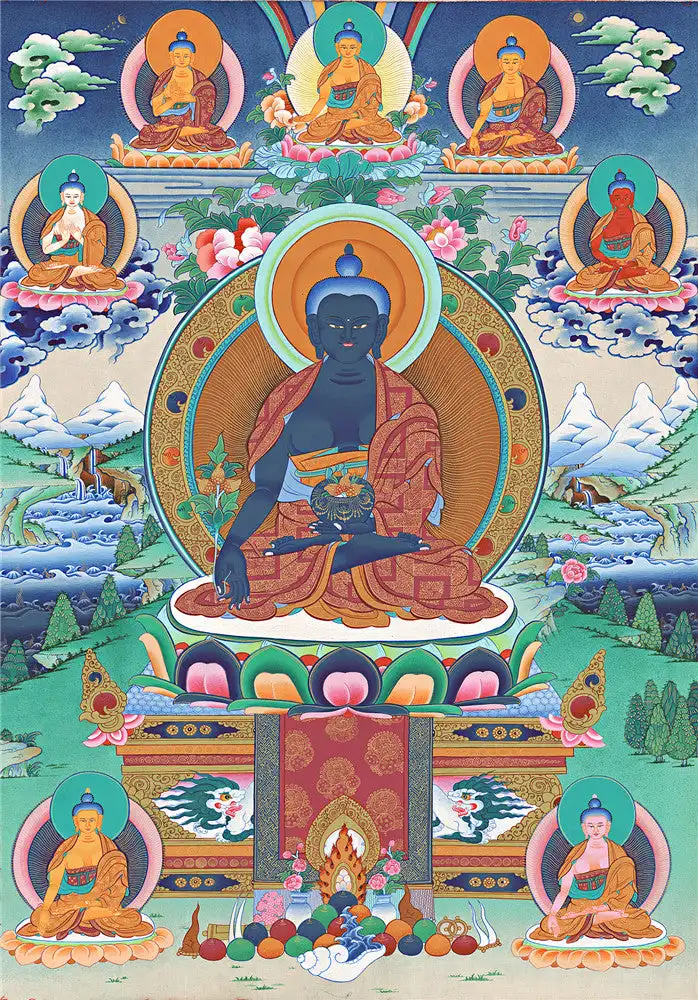 

Bhaisajyaguru Thangka - Eight Medicine Buddhas,Gandhanra Tibetan Buddhist Thangka Art,Giclee Printed and Hand Framed,47" × 32"