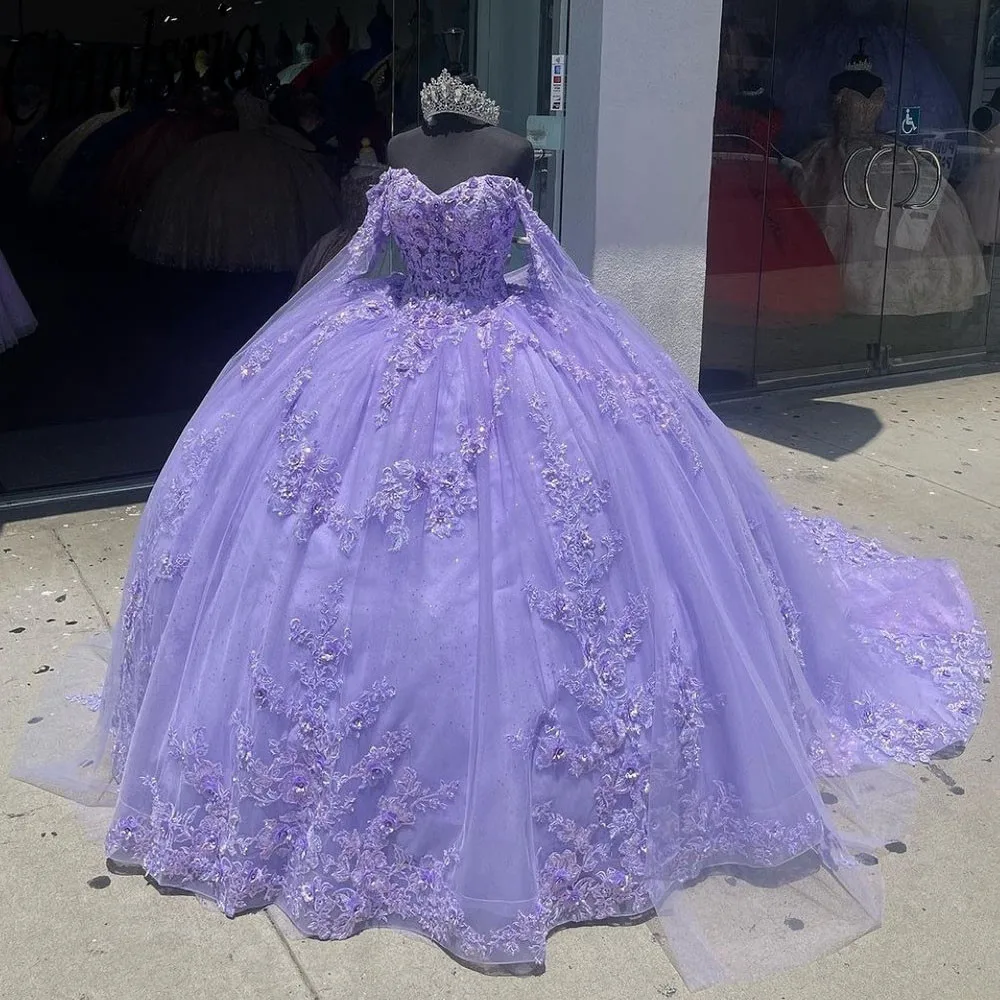 ANGELSBRIDEP Vestidos de quinceañera lila con capa 15 fiesta flor 3D apliques rebordear Cenicienta 16 vestidos de princesa personalizados