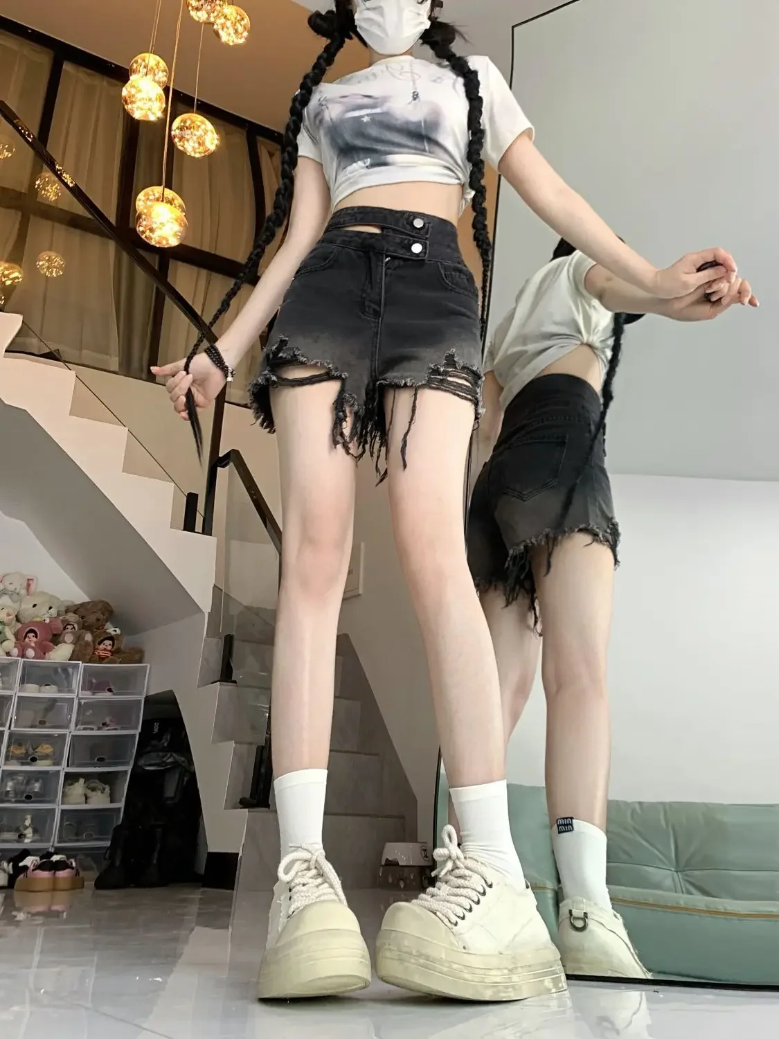 Y2k Japanese Style Ripped Short Jean Pants Woman Loose Outfits 2000s Clothes Summer XL Designer Outdoor Denim Shorts for Women