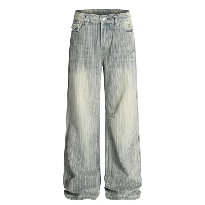 2026 Spring Autumn Unisex Retro American Washed Mens Jeans Vertical Stripe Wide Leg Slight Flare Denim Pants