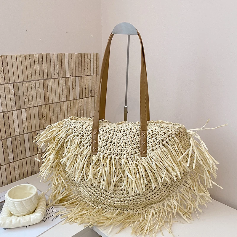 

Модная сумка-полумесяц через плечо, дизайнерская соломенная пляжная сумка, брендовая сумка с кисточками, вместительная дорожная сумка-тоут