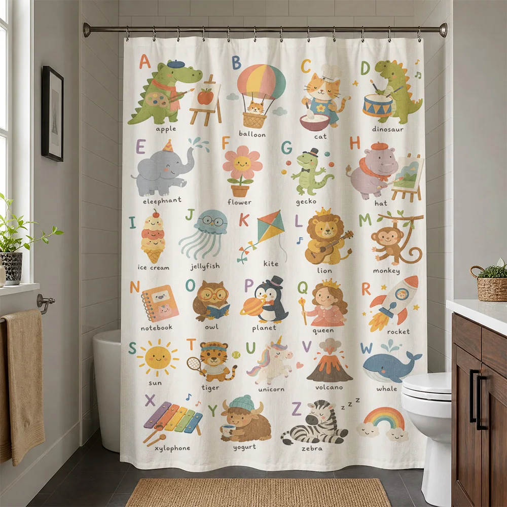 Cute Alphabet Shower Curtain Kids Bathroom Decor ABC Educational Nursery Liner Cartoon Print Water Curtain for Toddler Girls Boy