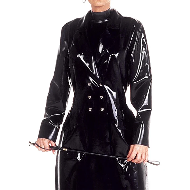 Black Sexy Latex Robe With Double Breasted Buttons At Front Rubber Trench Coat Jacket 0435