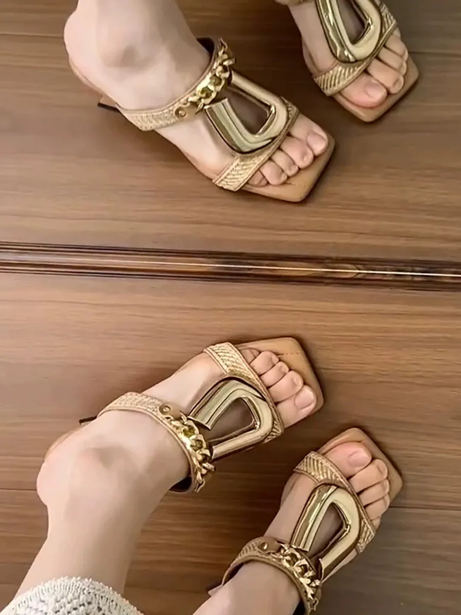 Leather Version Metal Buckle Elegant Slope Heel Sandals Women's Holiday Style Open Toe High Heel One Strap Slip-On Shoes