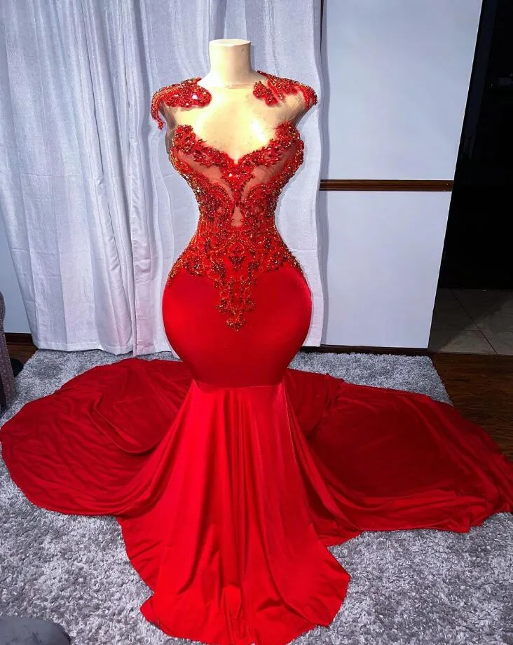 Vestido de cumpleaños elegante con alfombra roja para niña negra, cuentas de cristal brillante con vestido de noche, terciopelo, malla transparente, sirena