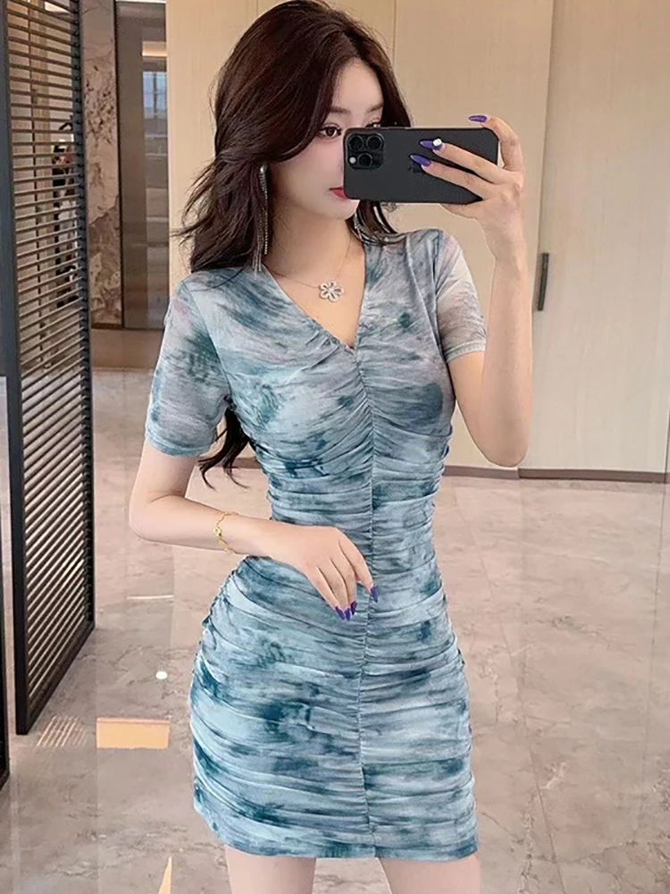 ผู้หญิงสีฟ้าพิมพ์ตาข่ายแขนสั้นVคอชุดฤดูร้อนBodycon Hip Wrapชุดเซ็กซี่ 2025 เกาหลีElegant Casual Mini Dress