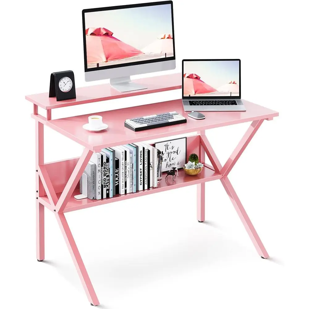 

Compact 27.5 Pink Desk with Storage and Monitor Stand for Small Spaces