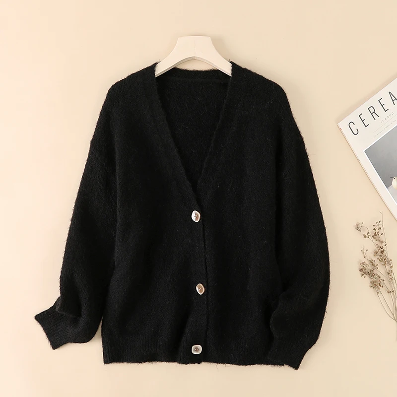 Black Cashmere Blend Wool Soft Winter Warm Knitted V-Neck Women\'s Cardigans Sweater Korean Fashion Casual Cardigan For Women