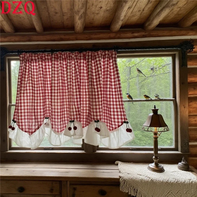 French Wave Lace Little Cherry Short Curtains for Kitchen Red Plaid Half Curtains Window Valance Cotton Curtain #A696