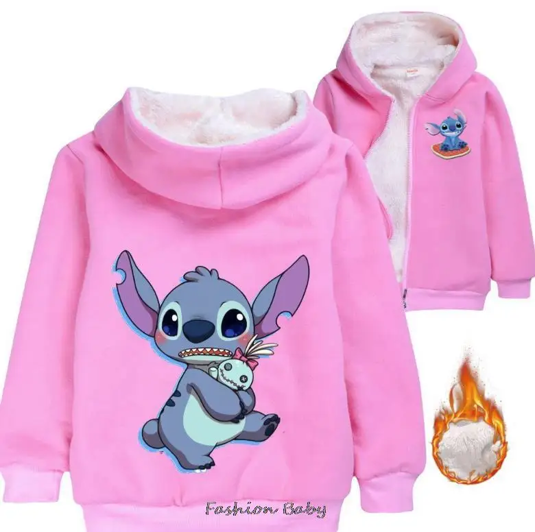 Disney Stitch New Children Coat Baby Hoodies Collar Thicken Warm Jacket Girls Cartoon Overcoat Winter Kids Girls Casual Outwear