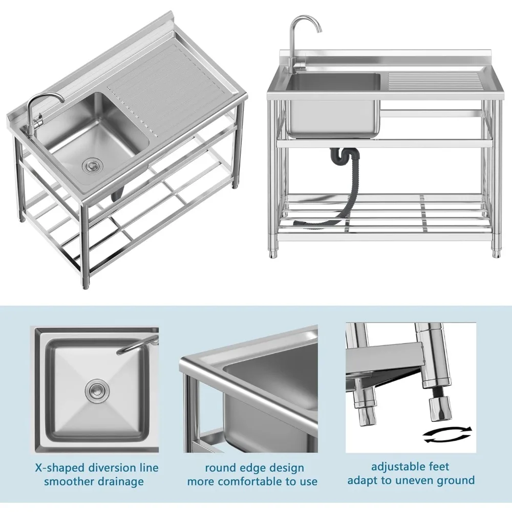 حوض أدوات من الفولاذ المقاوم للصدأ من الدرجة التجارية مع لوح تصريف وصنبور، 43 حوض إعداد قائم بذاته لاستخدام المطبخ #6