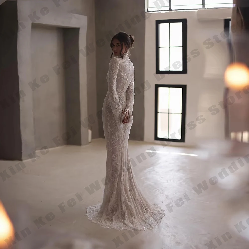 lvory Lace Wedding Dresses High Neck Full Sleeves Bridal Gowns Women Sweep Train Bride Dresses Customized vestidos de novia Robe