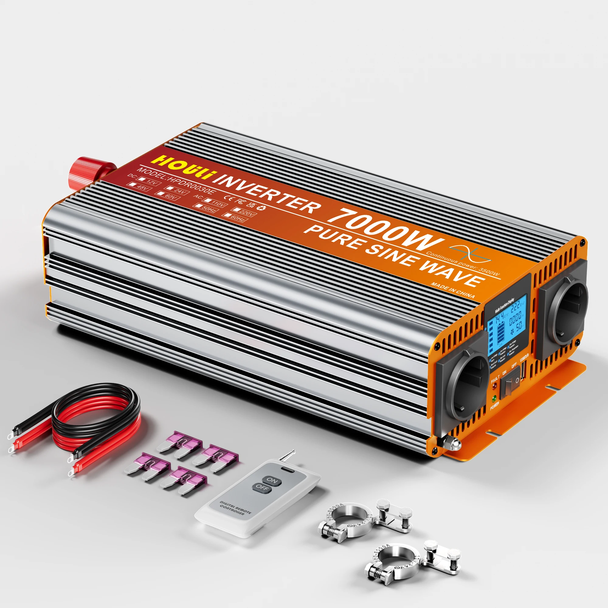 

7000W 12V/24V Inverter | Off-Grid Pure Sine Wave Power Converter with LCD | EU Plug 220V 50Hz/60Hz