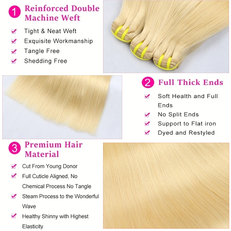 16A Raw #613 Blonde Bone Straight 100% Human Hair Bundles Unprocessed Virgin Hair Colored Weave Double Weft Extensions 10-30inch