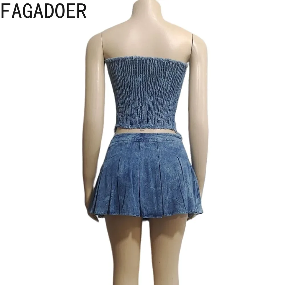 FAGADOER Fashion Patchwork Irregular Denim Two Piece Sets for Women Sleeveless Backless Slim Tube And Pleated Mini Skirts Outfit