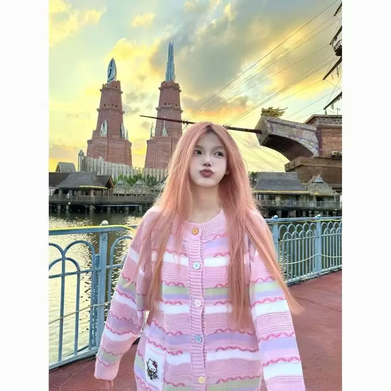 Hello Kittys Autumn/winter Hot Dopamine Cute Cartoon Cardigan Coat Women's Contrast Stripe Versatile Gentle Student Sweater Ins