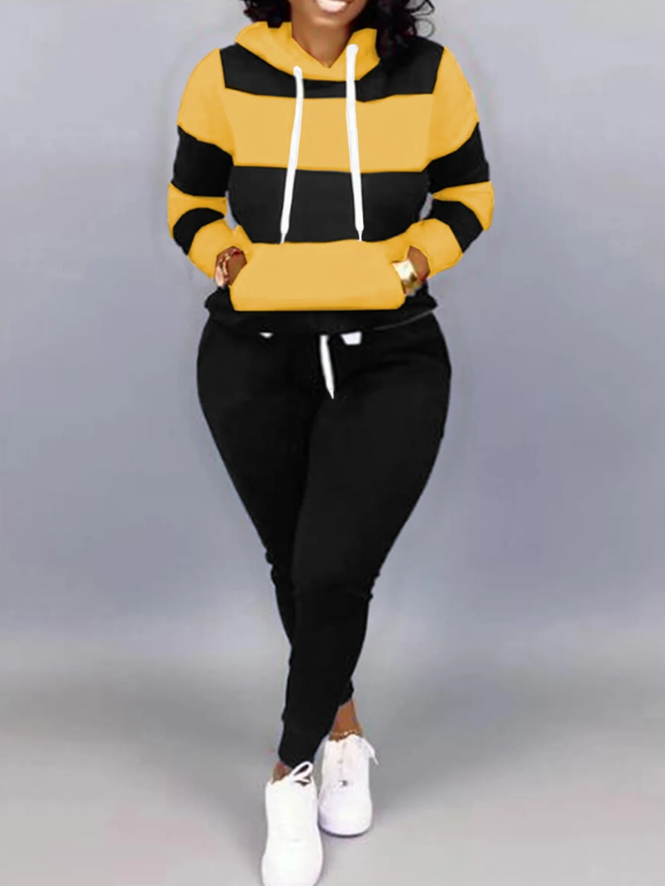 LW Hooded Long Sleeve Tricô Conjunto para Mulheres, Hoodie Estampado Listrado, Moletons Quentes, Cordão, Plus Size, Outono