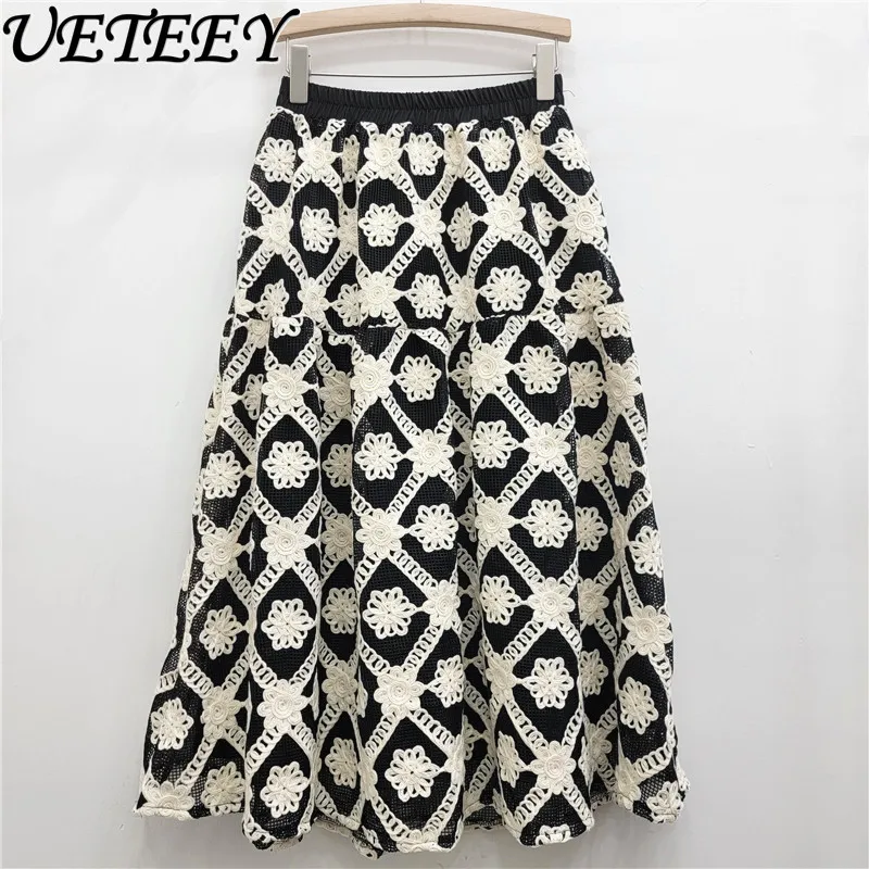 Spring Autumn Heavy Industry Crochet Printed Skirt Women's Elastic High Waist Foreign Style Versatile Medium and Long Skirts