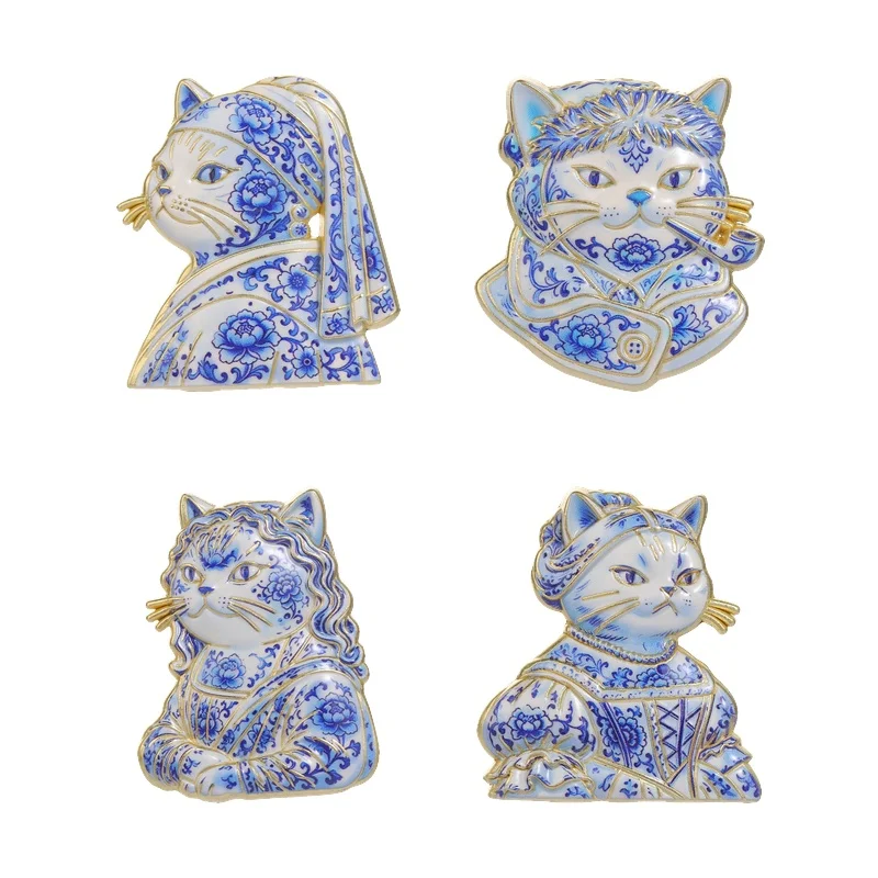 Vintage Blue White Porcelain Cat Enamel Pins Retro Artistic Kitten Portrait Brooch Lapel Badge Backpack Jewelry Gift for Friends