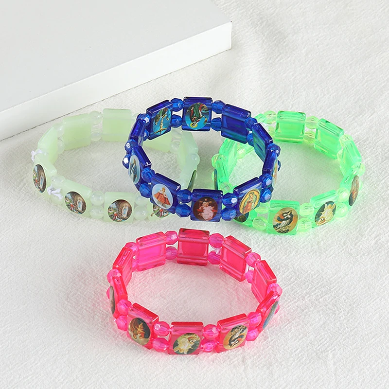 2PCS Vintage Jesus And Virgin Mary PVC Rosary Bead Bracelet With Elastic Band Religious Image Stickers For Daily Wear Parties