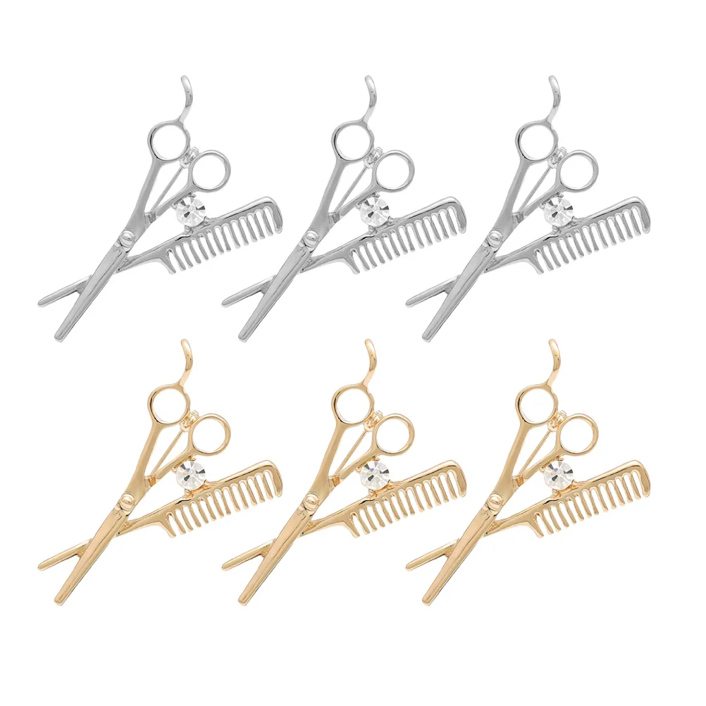 6 Pcs Rhinestones Brooch Miss Hair Combs Scissors Imitation Stylist Hairdresser Gift