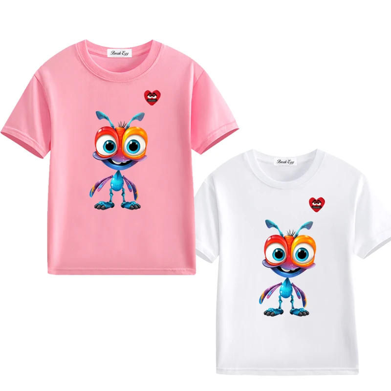 Pink Cute Panda Printing Boy Girl T-shirt Cotton Cartoon Snag Heart Embroidery O-neck Short-sleeved Kid Straight Summer T-shirt