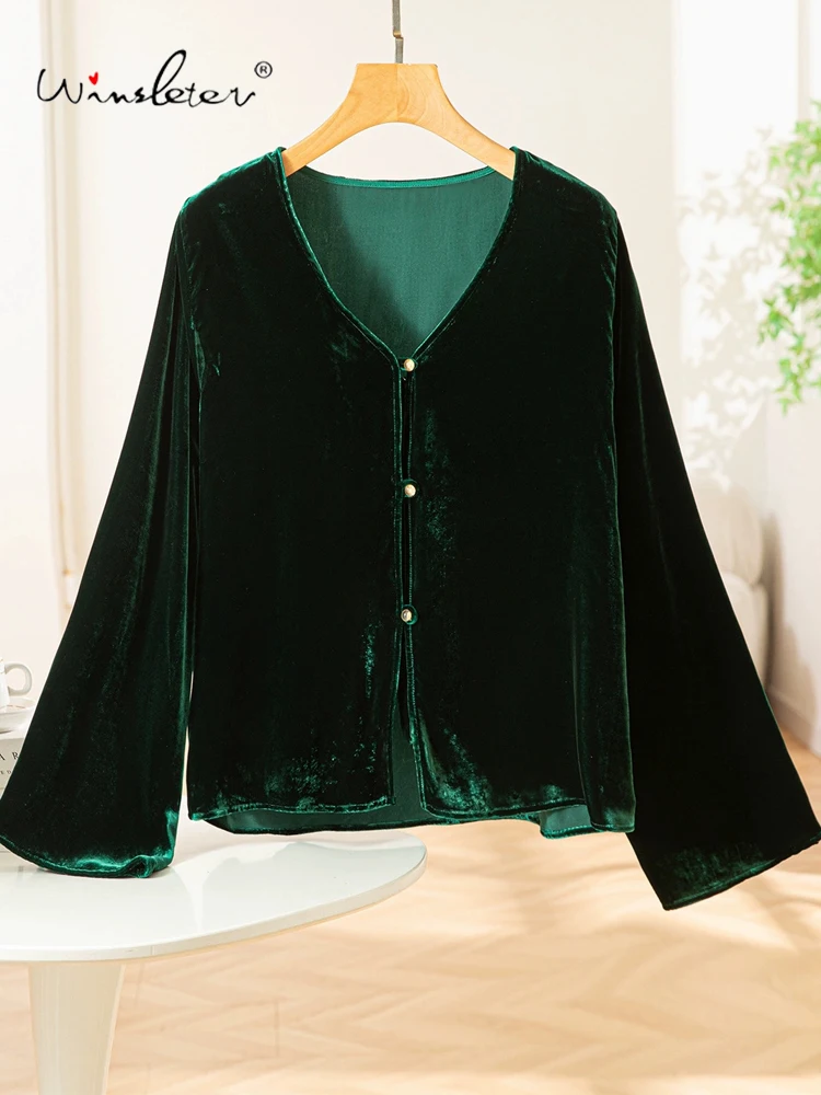 

Winsleter — женское элегантное бархатное пальто из 100% натурального шелка, расклешенные рукава с V-образным вырезом, свободное короткое пальто в стиле ретро, осень 2023, C5O540CC
